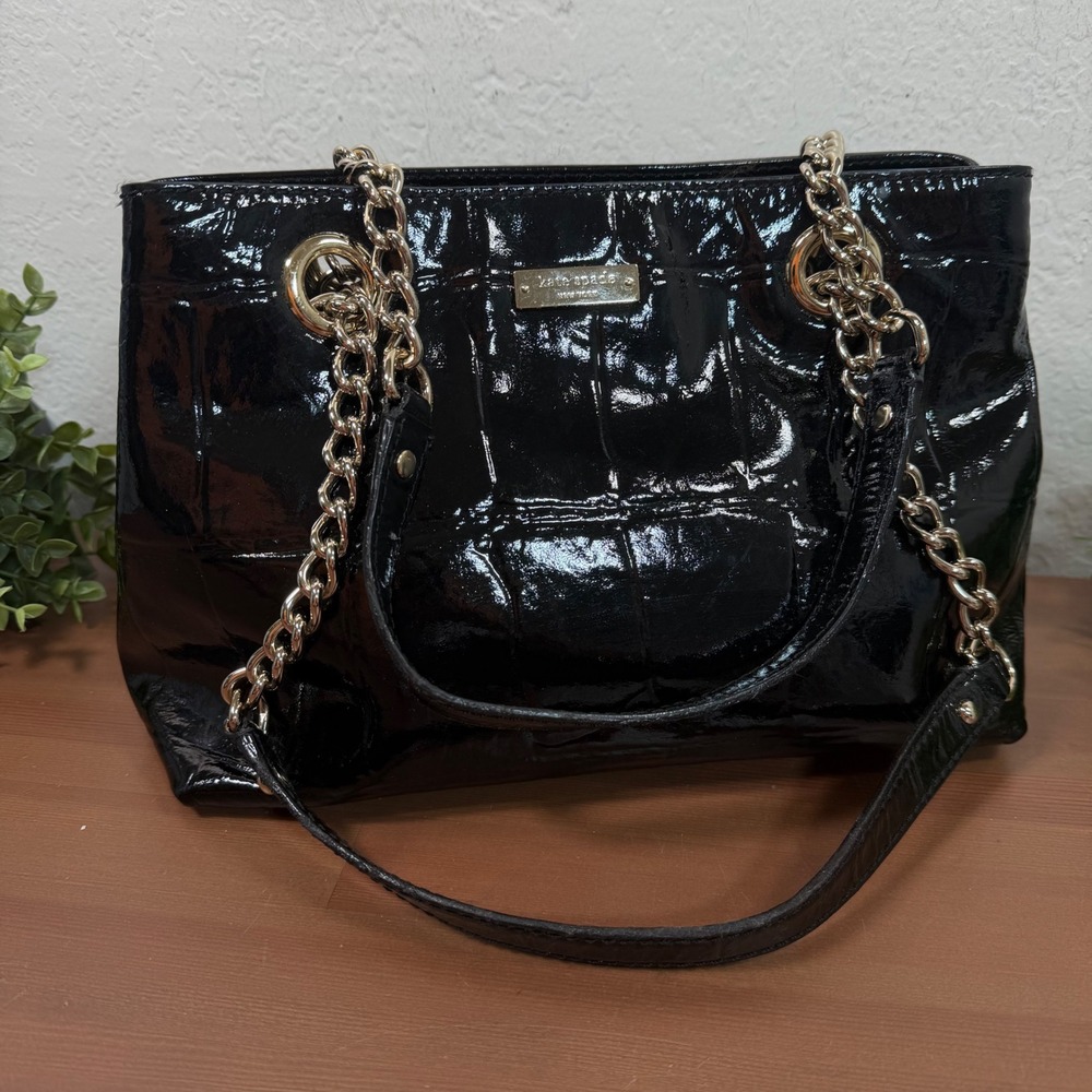 Kate Spade Women Little Helena Knightsbridge Black Croc Patent Shoulder Bag